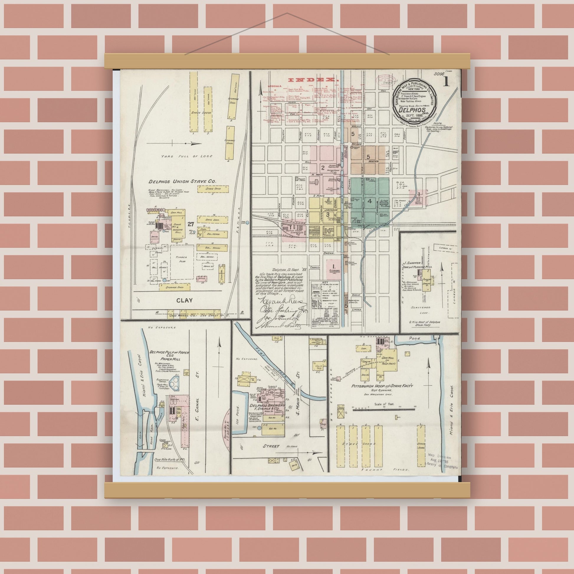 Old map wall art mockup — magnetic wood frame on brick wall — Sanborn Fire Insurance Map from Delphos, Van Wert And Allen Counties, Ohio (1888), Sheet #0001