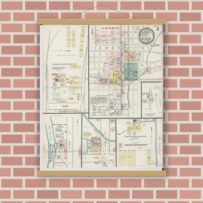Old map wall art mockup — magnetic wood frame on brick wall — Sanborn Fire Insurance Map from Delphos, Van Wert And Allen Counties, Ohio (1888), Sheet #0001