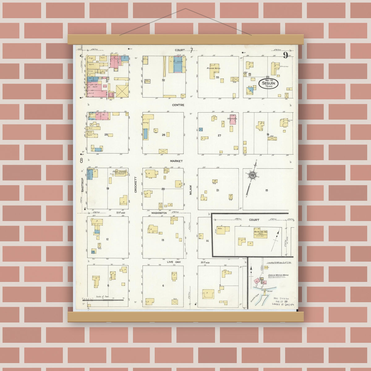 Old map wall art mockup — magnetic wood frame on brick wall — Sanborn Fire Insurance Map from Seguin, Guadalupe County, Texas (1912), Sheet #0009