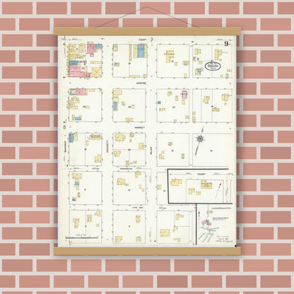 Old map wall art mockup — magnetic wood frame on brick wall — Sanborn Fire Insurance Map from Seguin, Guadalupe County, Texas (1912), Sheet #0009