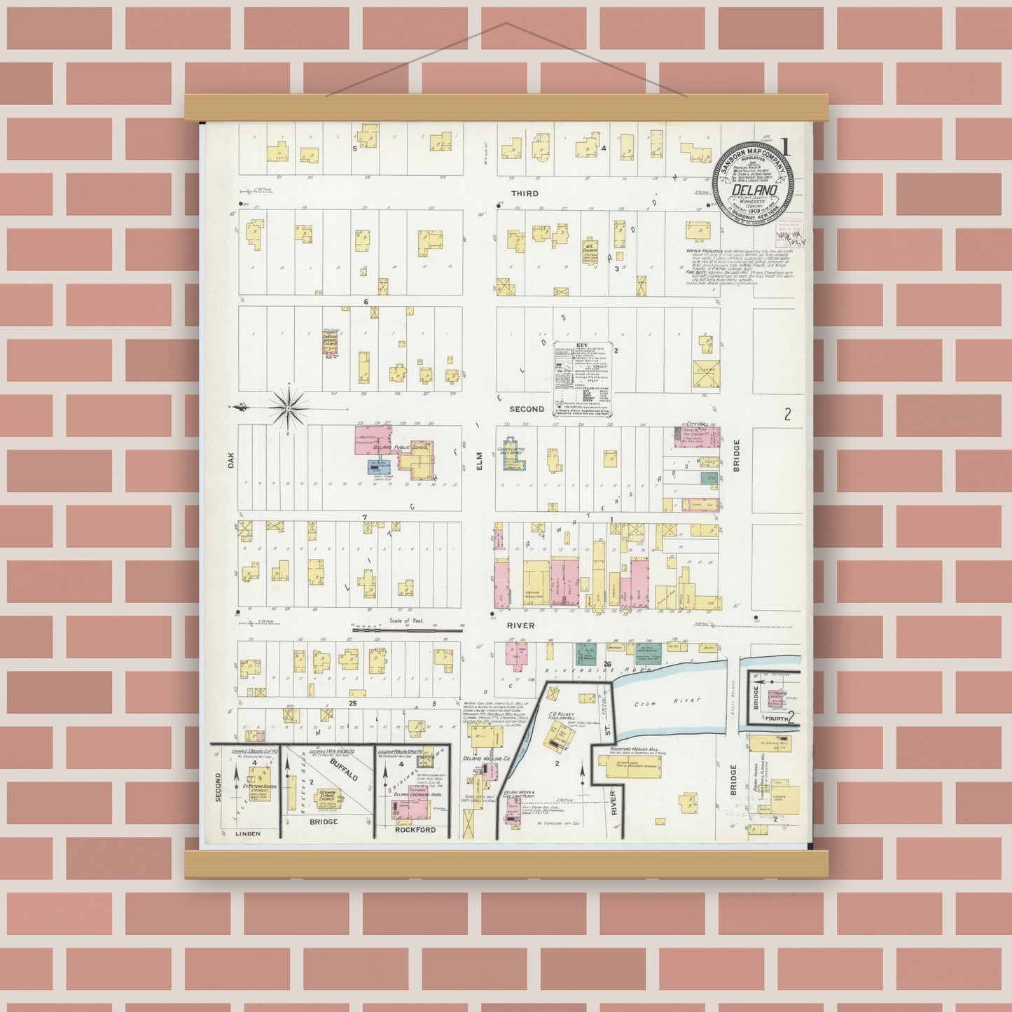 Old map wall art mockup — magnetic wood frame on brick wall — Sanborn Fire Insurance Map from Delano, Wright County, Minnesota (1909) - Complete Map Set
