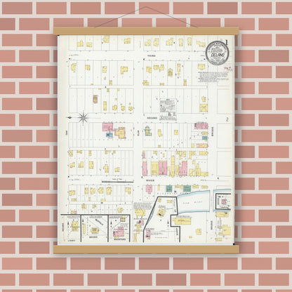 Old map wall art mockup — magnetic wood frame on brick wall — Sanborn Fire Insurance Map from Delano, Wright County, Minnesota (1909) - Complete Map Set