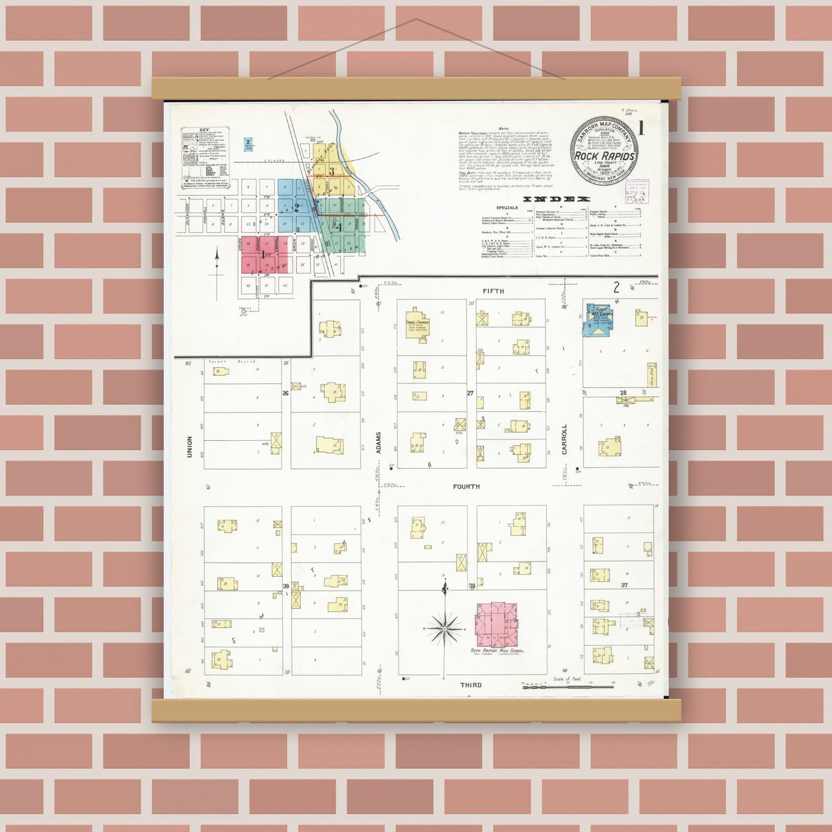 Old map wall art mockup — magnetic wood frame on brick wall — Sanborn Fire Insurance Map from Rock Rapids, Lyon County, Iowa (1907) â€” Complete Set