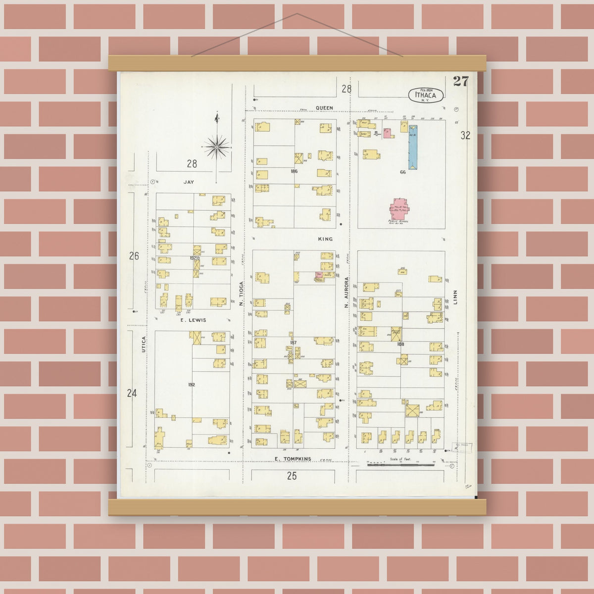 Old map wall art mockup — magnetic wood frame on brick wall — Sanborn Fire Insurance Map from Ithaca, Tompkins County, New York (1904), Sheet #0027