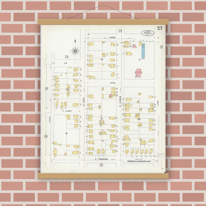 Old map wall art mockup — magnetic wood frame on brick wall — Sanborn Fire Insurance Map from Ithaca, Tompkins County, New York (1904), Sheet #0027