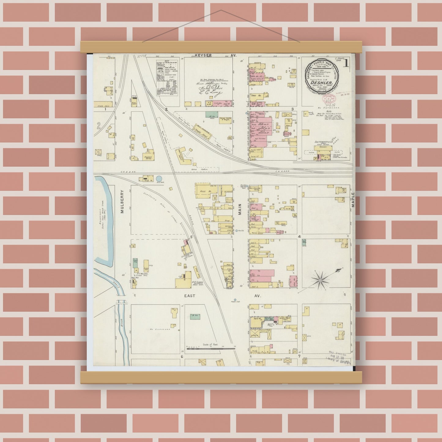 Old map wall art mockup — magnetic wood frame on brick wall — Sanborn Fire Insurance Map from Deshler, Henry County, Ohio (1895), Sheet #0001