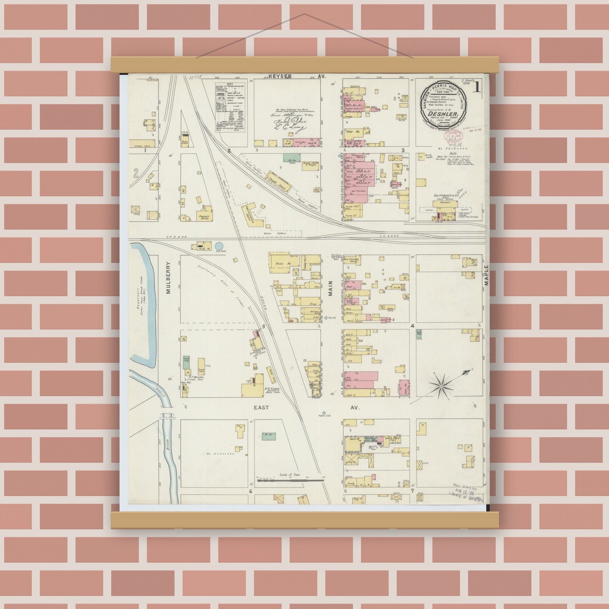 Old map wall art mockup — magnetic wood frame on brick wall — Sanborn Fire Insurance Map from Deshler, Henry County, Ohio (1895), Sheet #0001