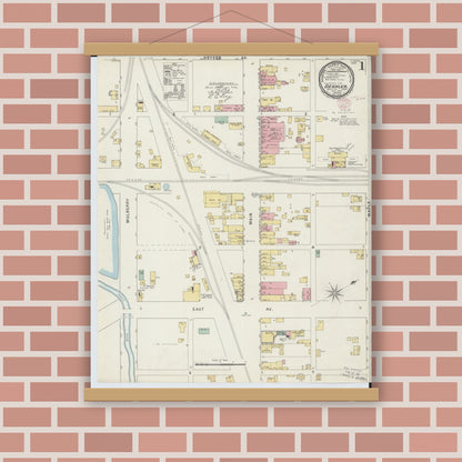 Old map wall art mockup — magnetic wood frame on brick wall — Sanborn Fire Insurance Map from Deshler, Henry County, Ohio (1895), Sheet #0001