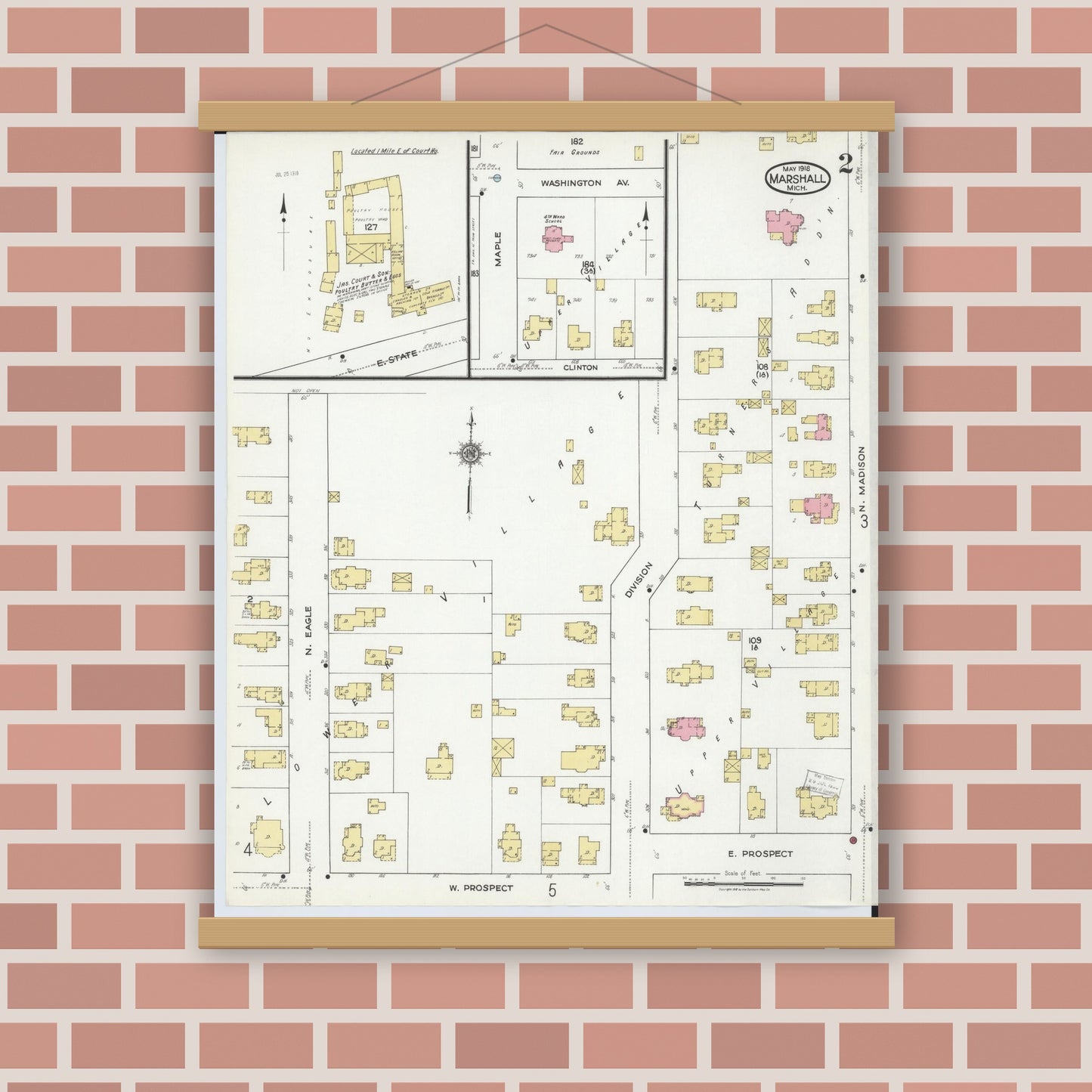 Old map wall art mockup — magnetic wood frame on brick wall — Sanborn Fire Insurance Map from Marshall, Calhoun County, Michigan (1916), Sheet #0002