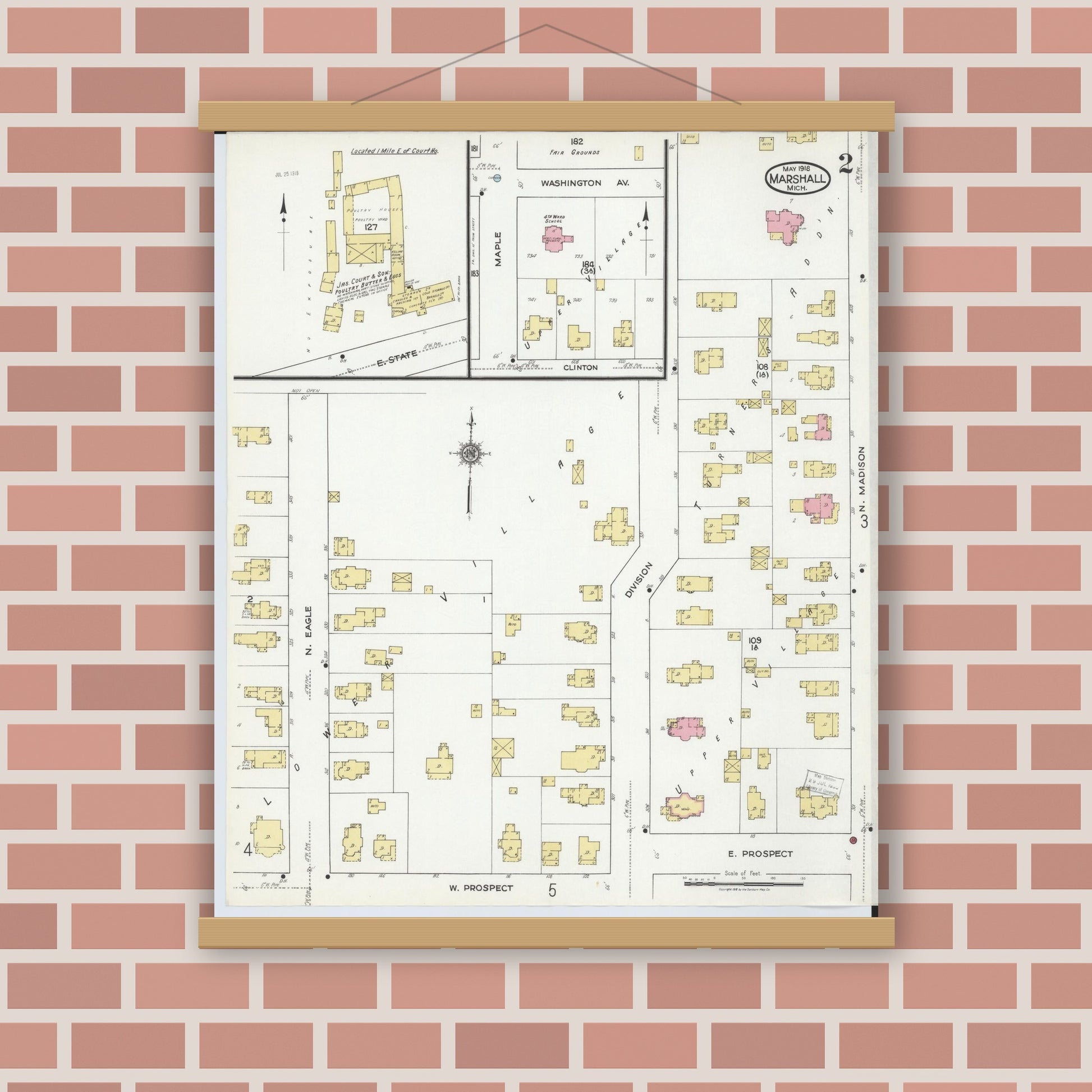 Old map wall art mockup — magnetic wood frame on brick wall — Sanborn Fire Insurance Map from Marshall, Calhoun County, Michigan (1916), Sheet #0002