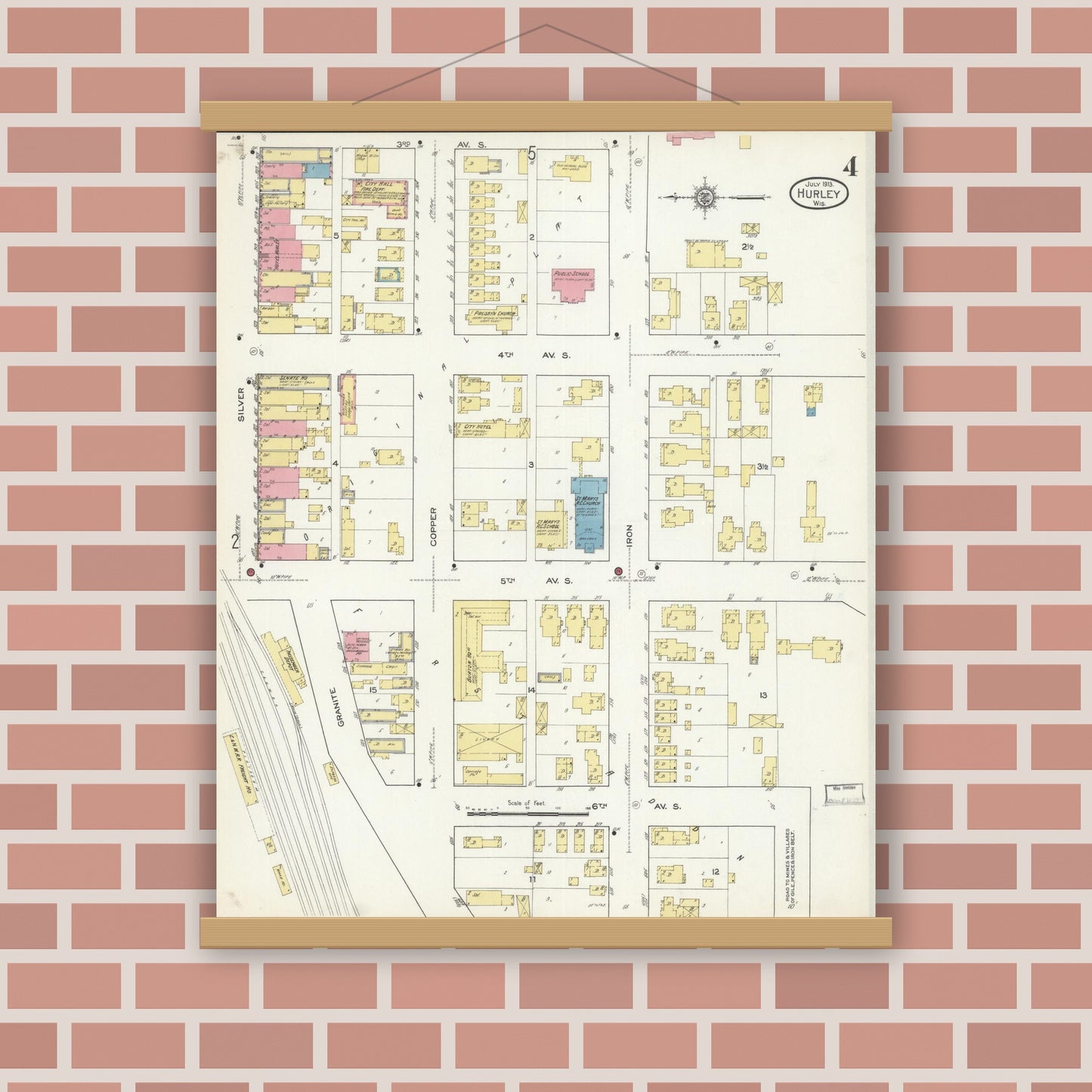 Old map wall art mockup — magnetic wood frame on brick wall — Sanborn Fire Insurance Map from Hurley, Iron County, Wisconsin (1913), Sheet #0004