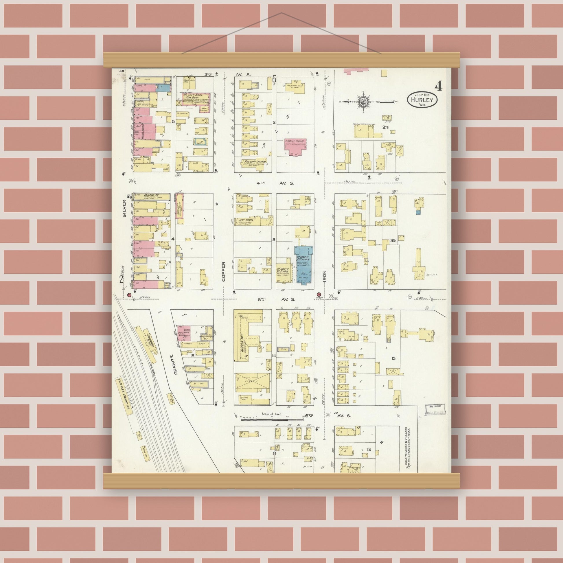 Old map wall art mockup — magnetic wood frame on brick wall — Sanborn Fire Insurance Map from Hurley, Iron County, Wisconsin (1913), Sheet #0004