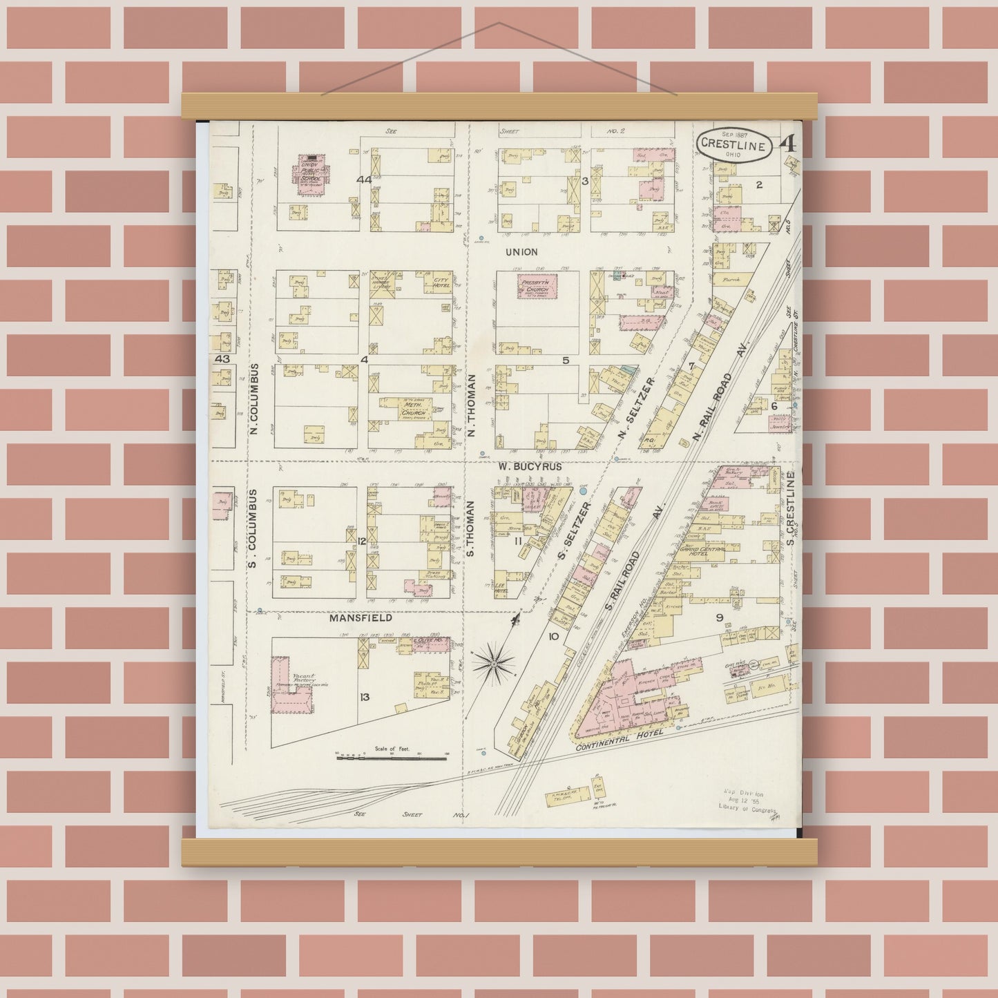Old map wall art mockup — magnetic wood frame on brick wall — Sanborn Fire Insurance Map from Crestline, Crawford County, Ohio (1887), Sheet #0004