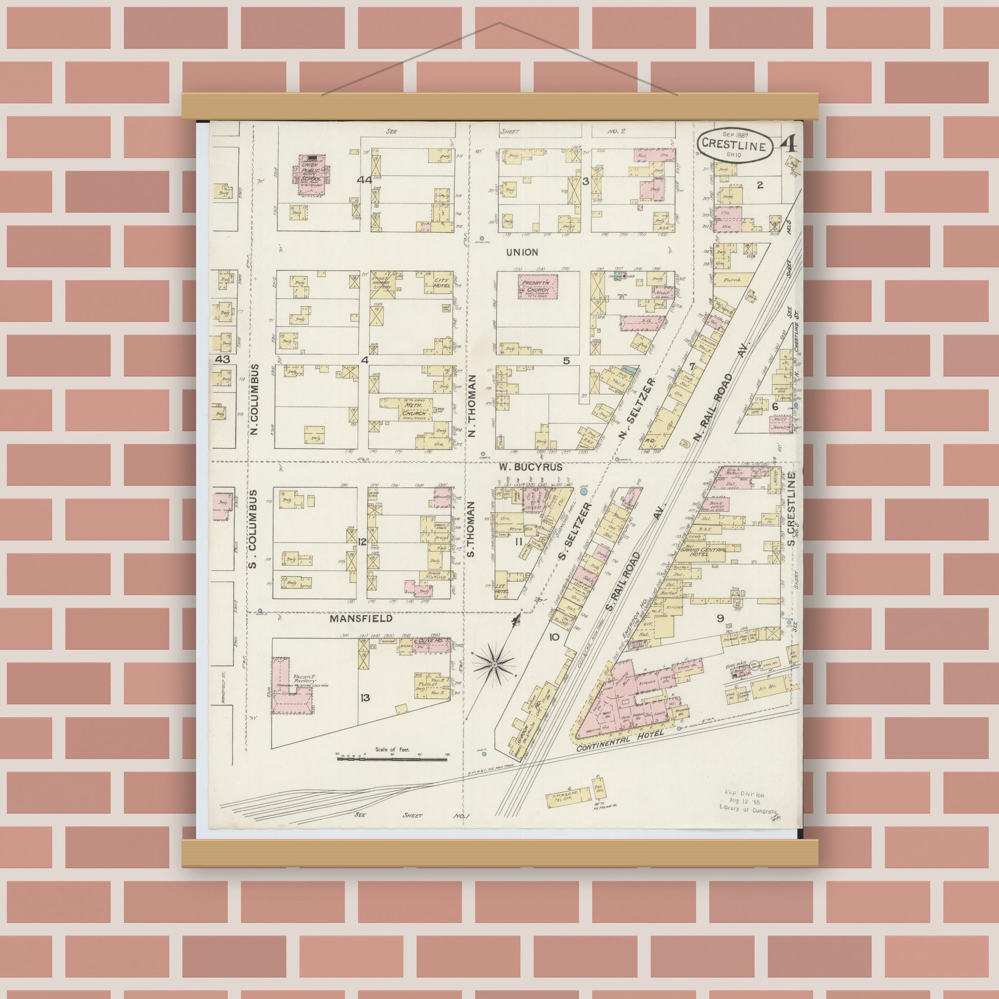 Old map wall art mockup — magnetic wood frame on brick wall — Sanborn Fire Insurance Map from Crestline, Crawford County, Ohio (1887), Sheet #0004