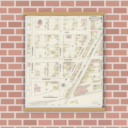 Old map wall art mockup — magnetic wood frame on brick wall — Sanborn Fire Insurance Map from Crestline, Crawford County, Ohio (1887), Sheet #0004