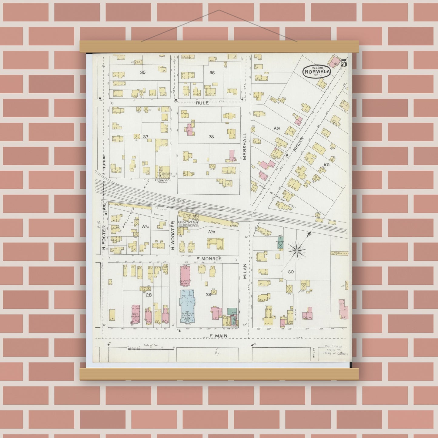 Old map wall art mockup — magnetic wood frame on brick wall — Sanborn Fire Insurance Map from Norwalk, Huron County, Ohio (1893), Sheet #0005