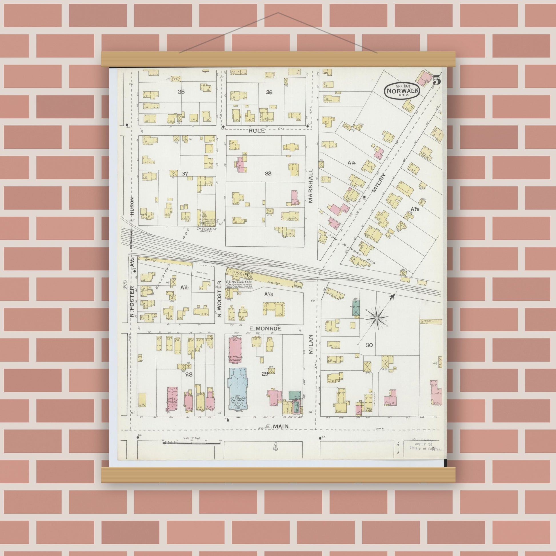 Old map wall art mockup — magnetic wood frame on brick wall — Sanborn Fire Insurance Map from Norwalk, Huron County, Ohio (1893), Sheet #0005