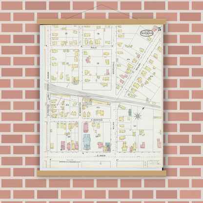 Old map wall art mockup — magnetic wood frame on brick wall — Sanborn Fire Insurance Map from Norwalk, Huron County, Ohio (1893), Sheet #0005