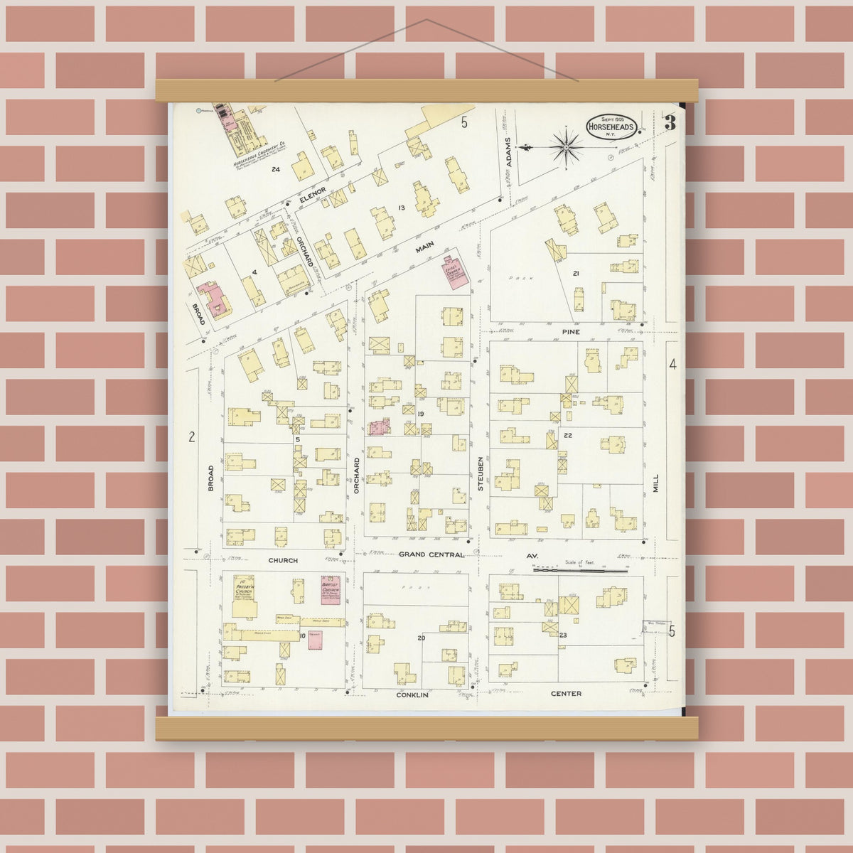 Old map wall art mockup — magnetic wood frame on brick wall — Sanborn Fire Insurance Map from Horseheads, Chemung County, New York (1908), Sheet #0003