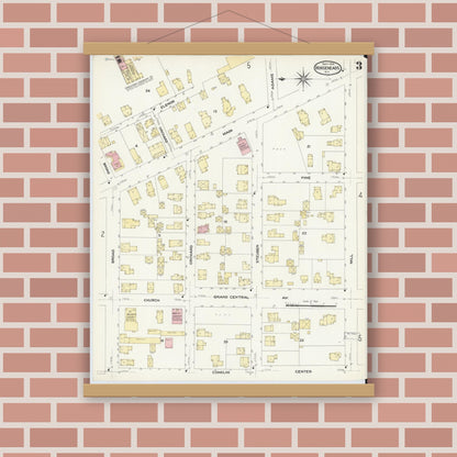 Old map wall art mockup — magnetic wood frame on brick wall — Sanborn Fire Insurance Map from Horseheads, Chemung County, New York (1908), Sheet #0003