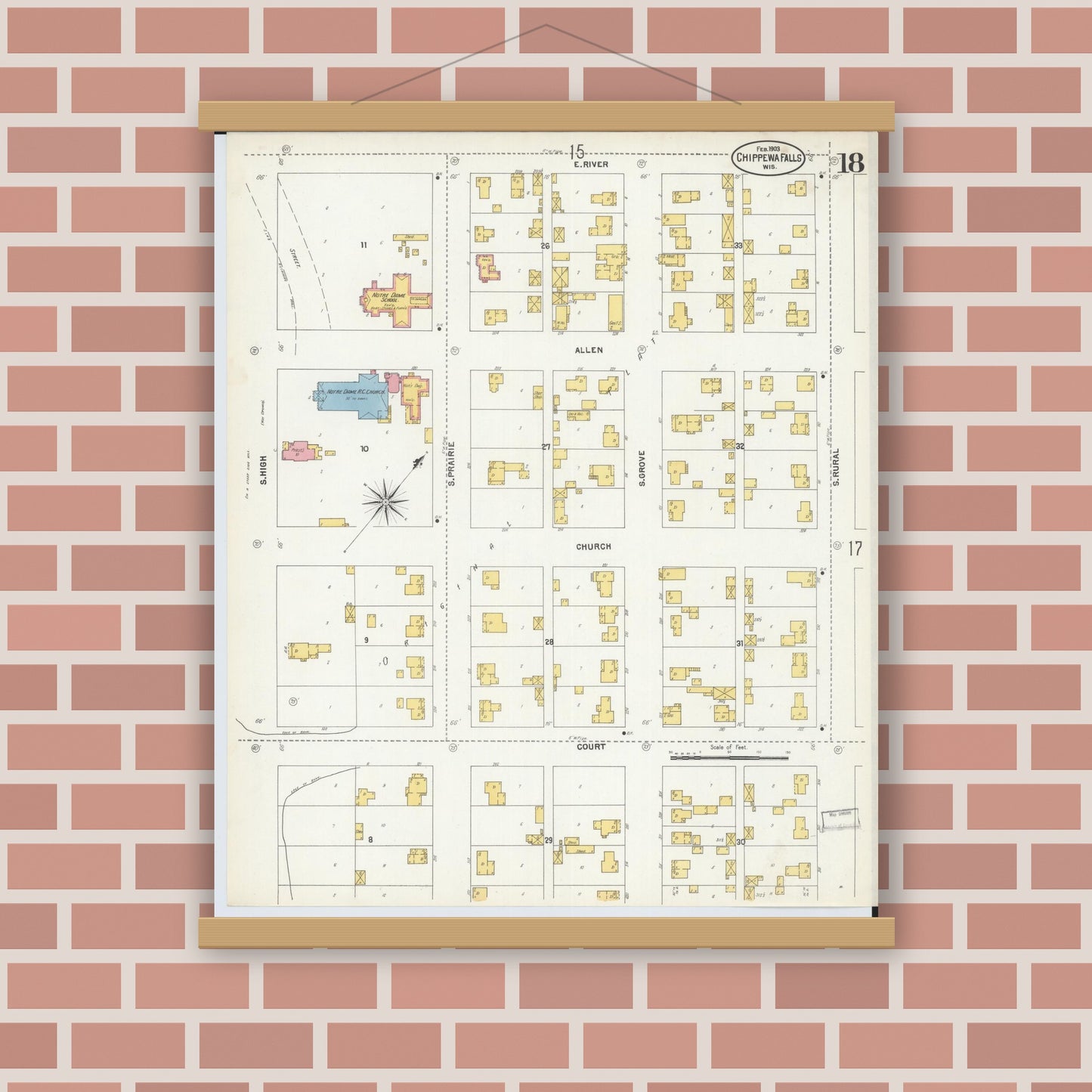 Old map wall art mockup — magnetic wood frame on brick wall — Sanborn Fire Insurance Map from Chippewa Falls, Chippewa County, Wisconsin (1903), Sheet #0018