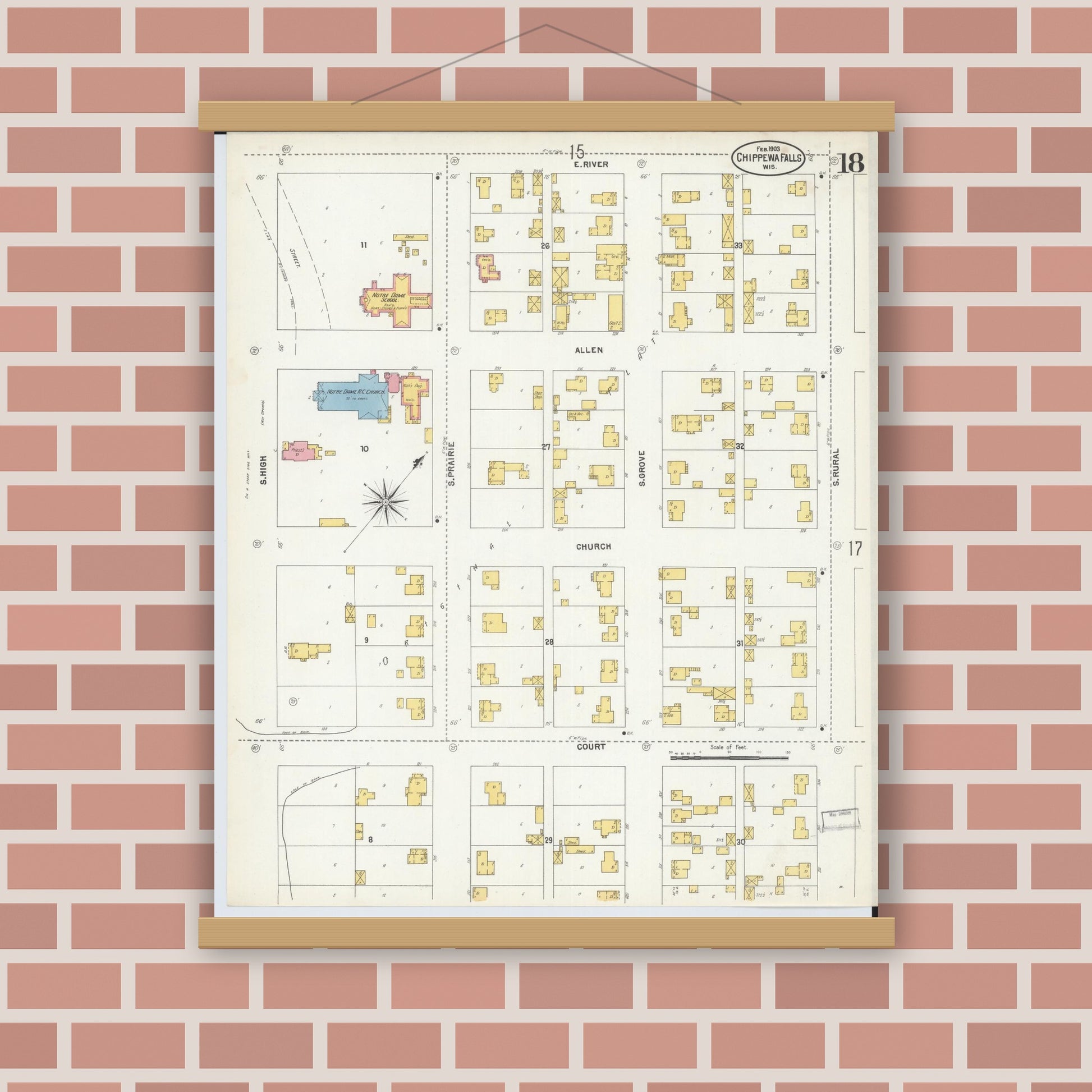 Old map wall art mockup — magnetic wood frame on brick wall — Sanborn Fire Insurance Map from Chippewa Falls, Chippewa County, Wisconsin (1903), Sheet #0018