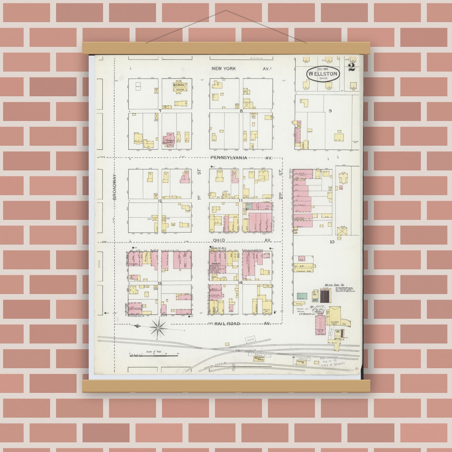 Old map wall art mockup — magnetic wood frame on brick wall — Sanborn Fire Insurance Map from Wellston, Jackson County, Ohio (1892), Sheet #0002