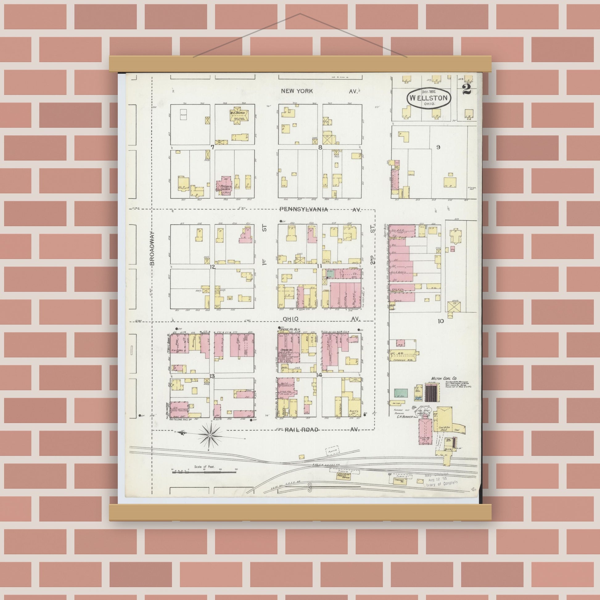 Old map wall art mockup — magnetic wood frame on brick wall — Sanborn Fire Insurance Map from Wellston, Jackson County, Ohio (1892), Sheet #0002