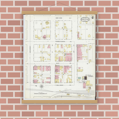 Old map wall art mockup — magnetic wood frame on brick wall — Sanborn Fire Insurance Map from Wellston, Jackson County, Ohio (1892), Sheet #0002