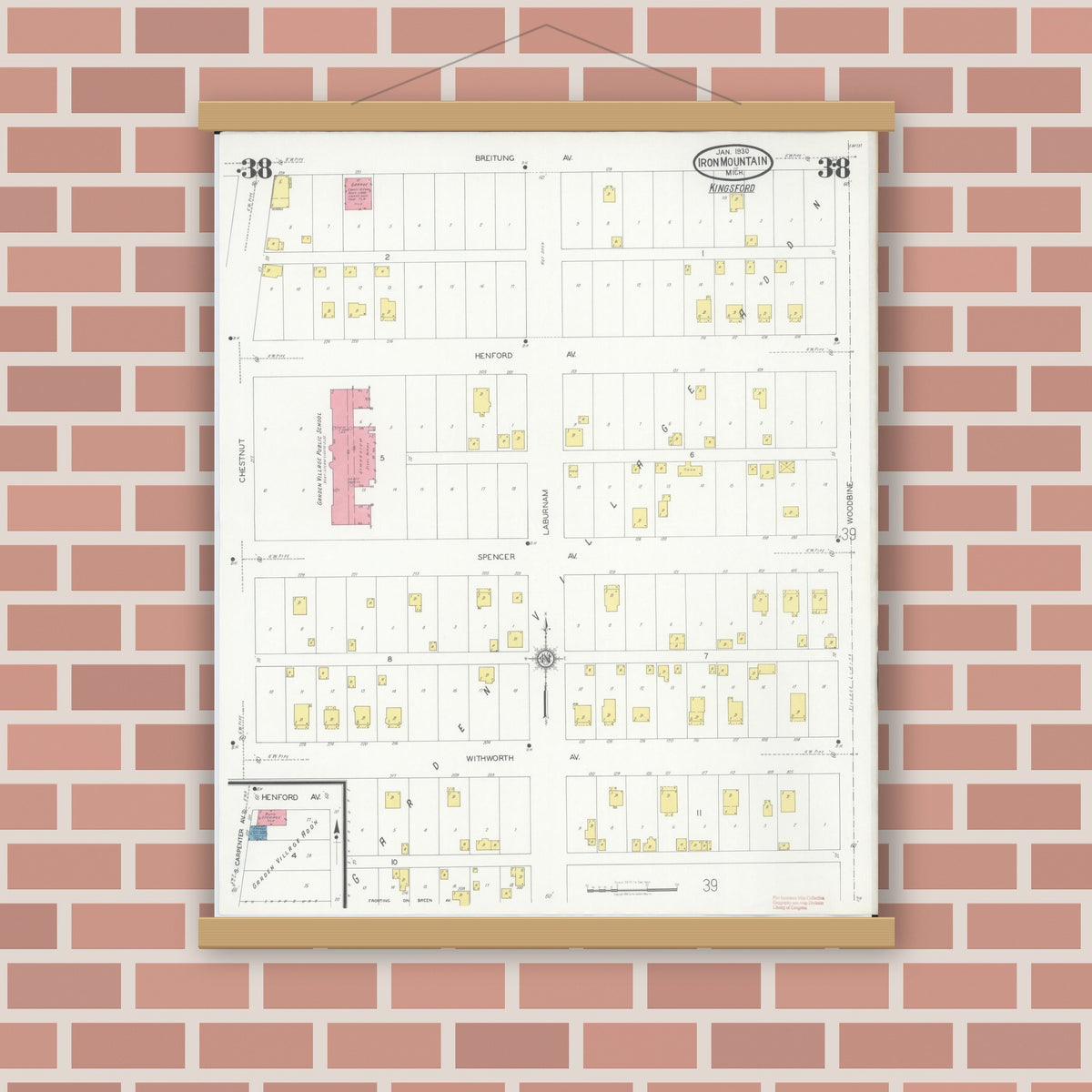Old map wall art mockup — magnetic wood frame on brick wall — Sanborn Fire Insurance Map from Iron Mountain, Dickinson County, Michigan (1930), Sheet #0038