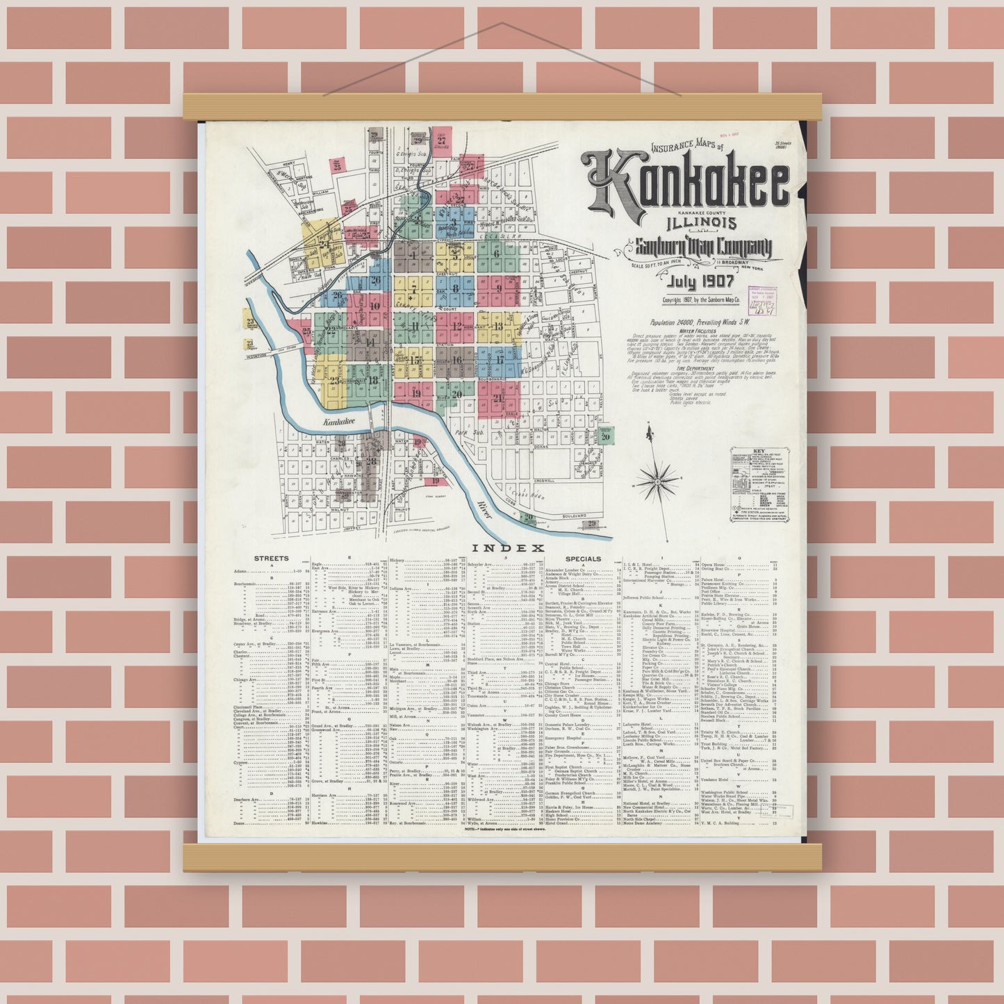 Old map wall art mockup — magnetic wood frame on brick wall — Sanborn Fire Insurance Map from Kankakee, Kankakee County, Illinois (1907), Sheet #0001