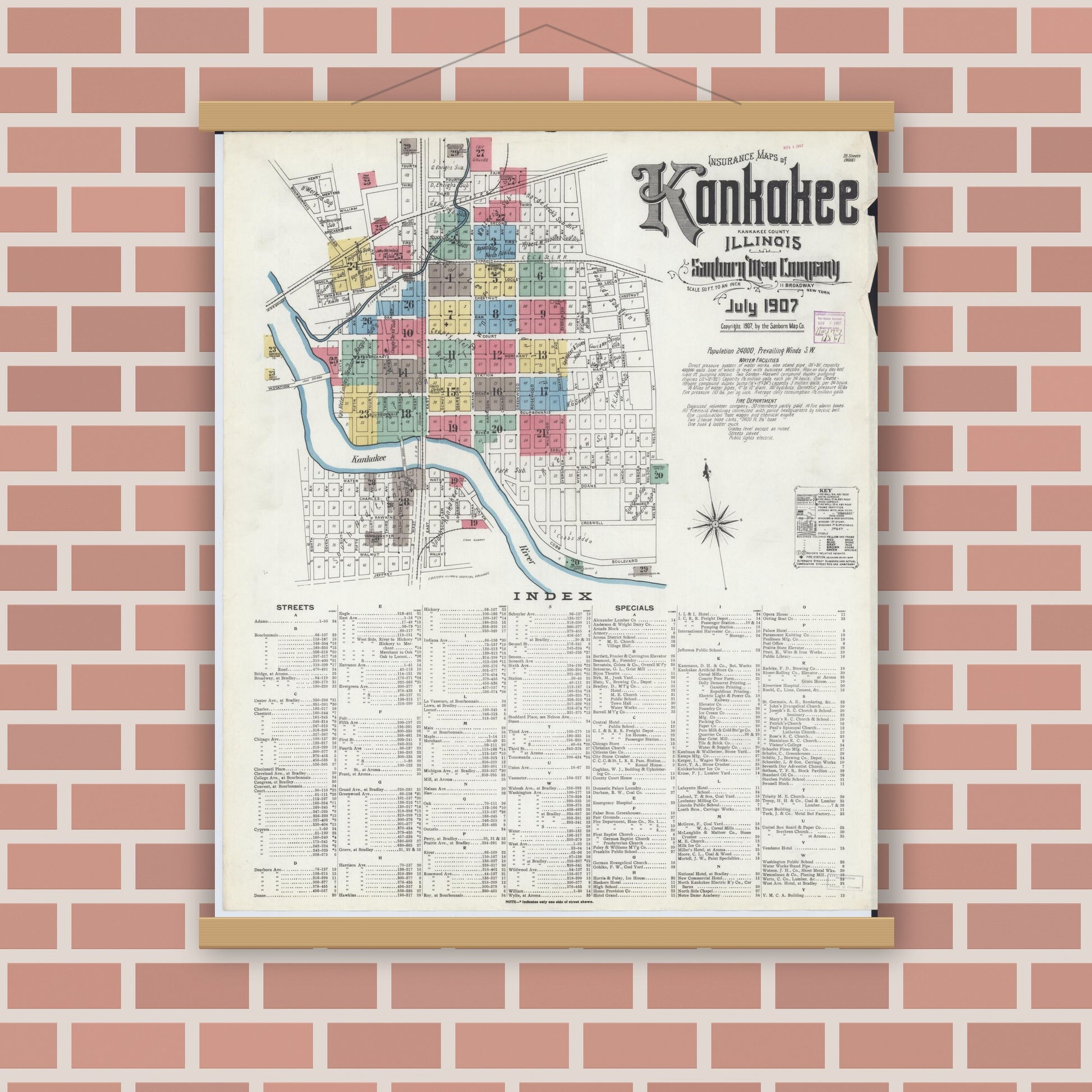 Old map wall art mockup — magnetic wood frame on brick wall — Sanborn Fire Insurance Map from Kankakee, Kankakee County, Illinois (1907), Sheet #0001