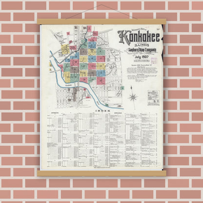 Old map wall art mockup — magnetic wood frame on brick wall — Sanborn Fire Insurance Map from Kankakee, Kankakee County, Illinois (1907), Sheet #0001