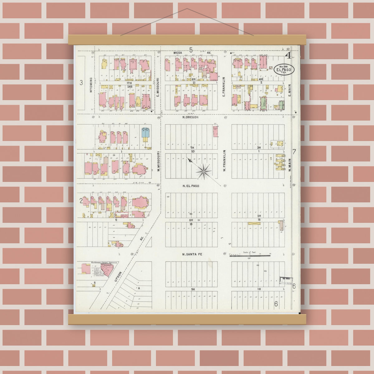 Old map wall art mockup — magnetic wood frame on brick wall — Sanborn Fire Insurance Map from El Paso, El Paso County, Texas (1898), Sheet #0004
