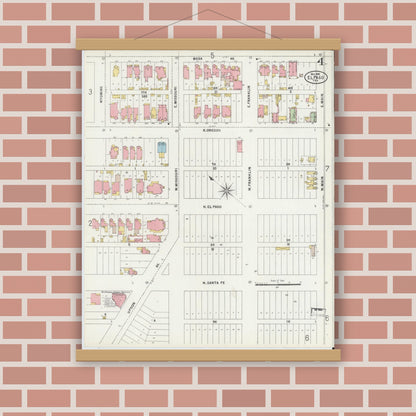 Old map wall art mockup — magnetic wood frame on brick wall — Sanborn Fire Insurance Map from El Paso, El Paso County, Texas (1898), Sheet #0004