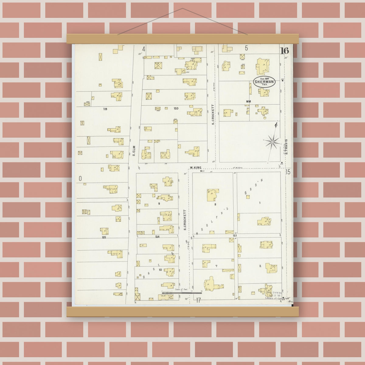 Old map wall art mockup — magnetic wood frame on brick wall — Sanborn Fire Insurance Map from Sherman, Grayson County, Texas (1897), Sheet #0016
