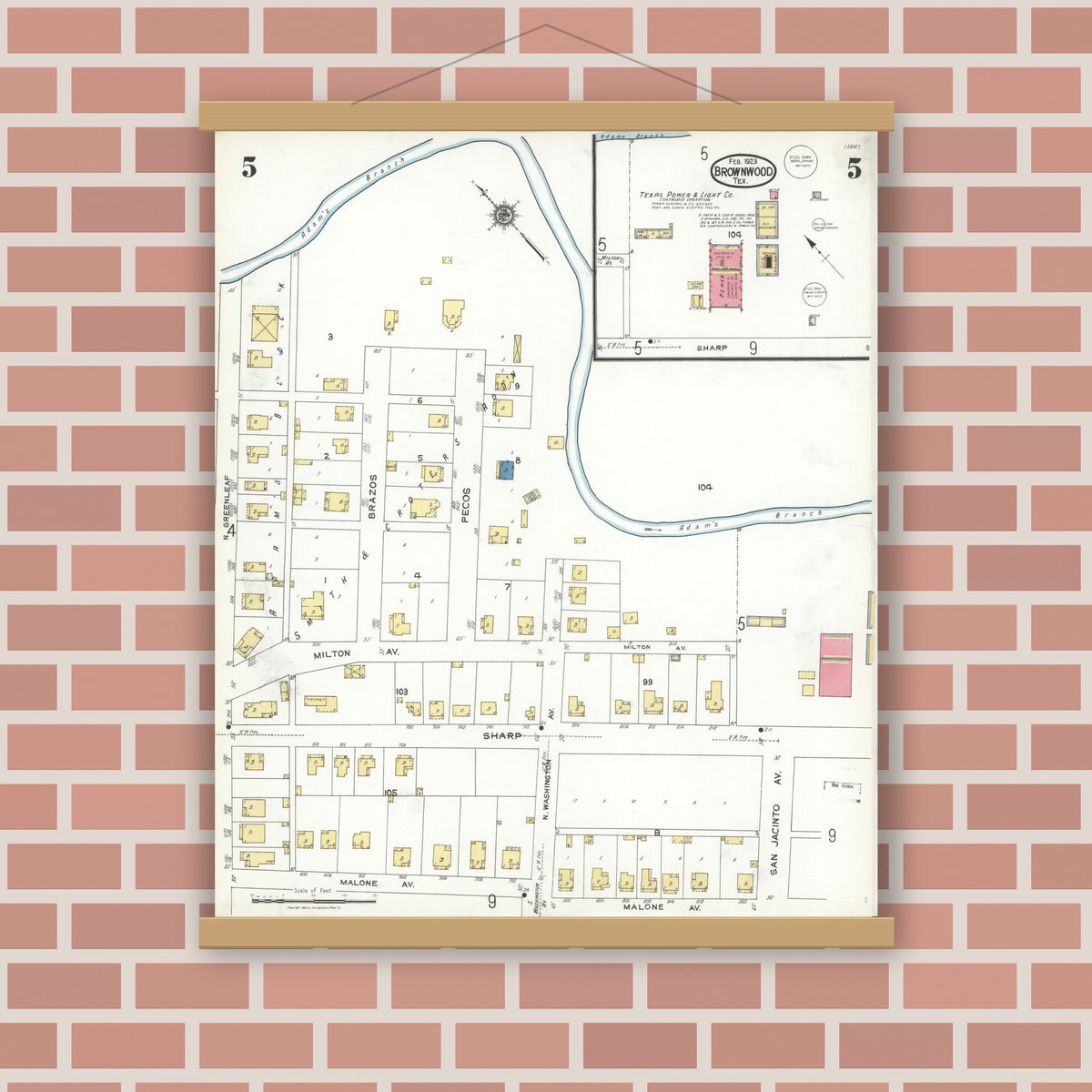Old map wall art mockup — magnetic wood frame on brick wall — Sanborn Fire Insurance Map from Brownwood, Brown County, Texas (1923), Sheet #0005