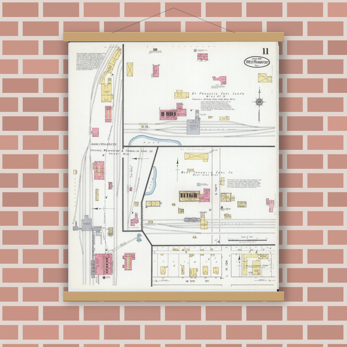 Old map wall art mockup — magnetic wood frame on brick wall — Sanborn Fire Insurance Map from West Frankfort, Franklin County, Illinois (1919), Sheet #0011