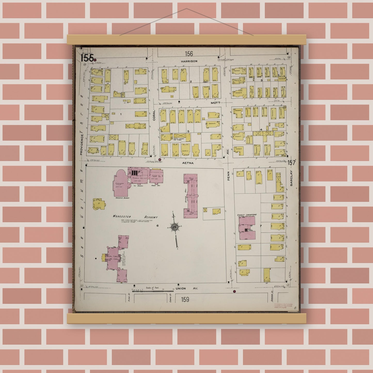 Old map wall art mockup — magnetic wood frame on brick wall — Sanborn Fire Insurance Map from Worcester, Worcester County, Massachusetts (1910), Sheet #0155