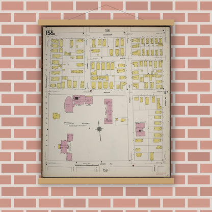 Old map wall art mockup — magnetic wood frame on brick wall — Sanborn Fire Insurance Map from Worcester, Worcester County, Massachusetts (1910), Sheet #0155