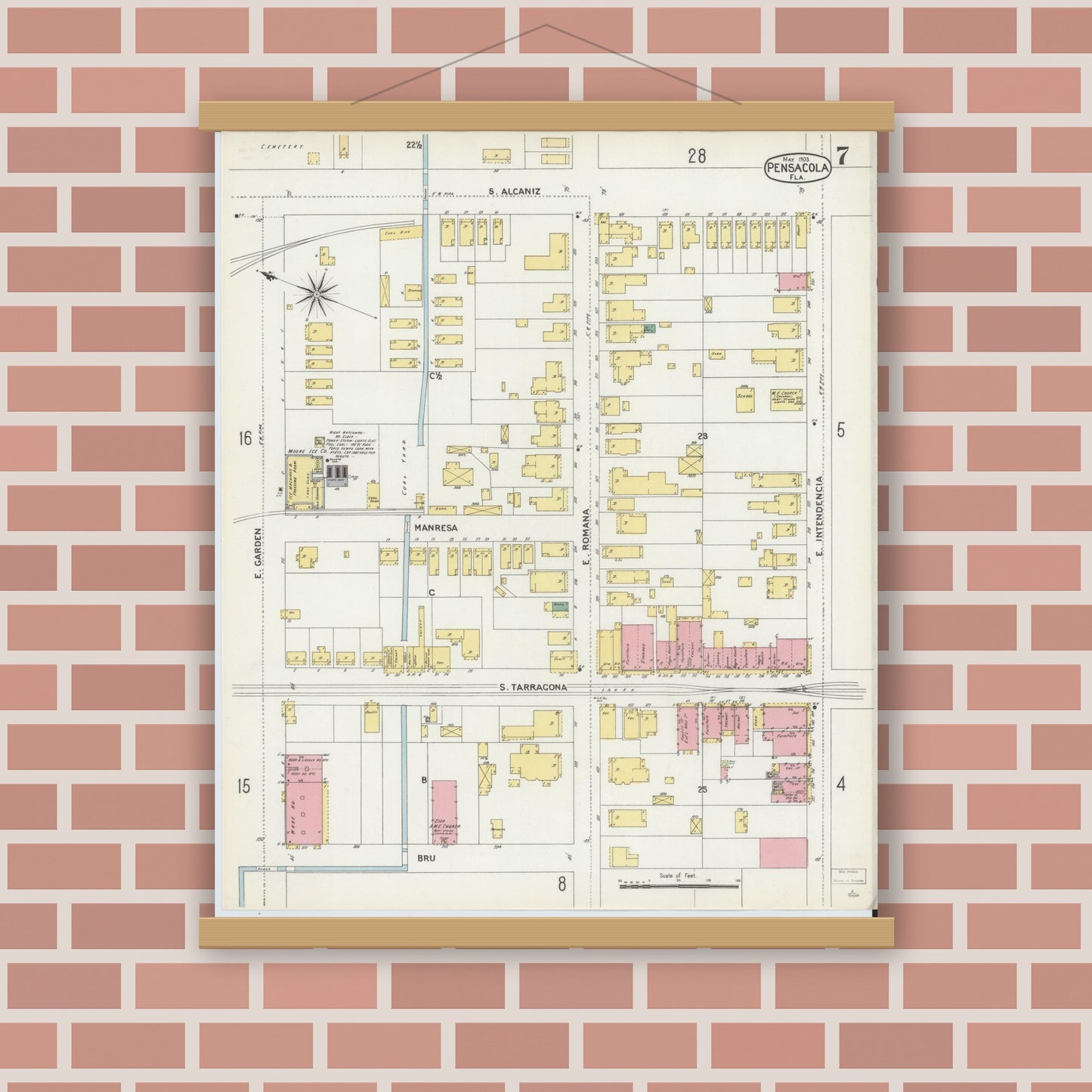 Old map wall art mockup — magnetic wood frame on brick wall — Sanborn Fire Insurance Map from Pensacola, Escambia County, Florida (1903), Sheet #0007