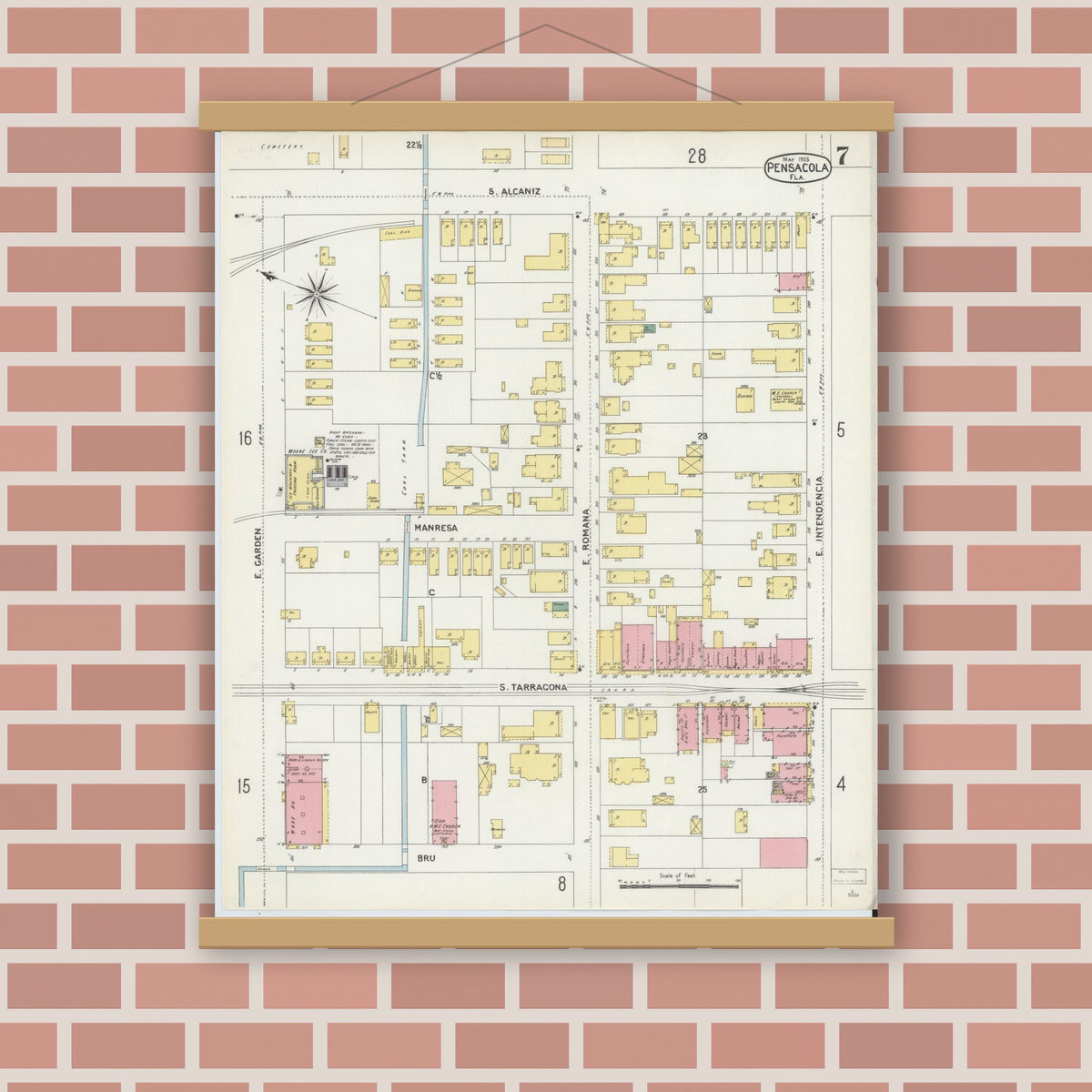 Old map wall art mockup — magnetic wood frame on brick wall — Sanborn Fire Insurance Map from Pensacola, Escambia County, Florida (1903), Sheet #0007