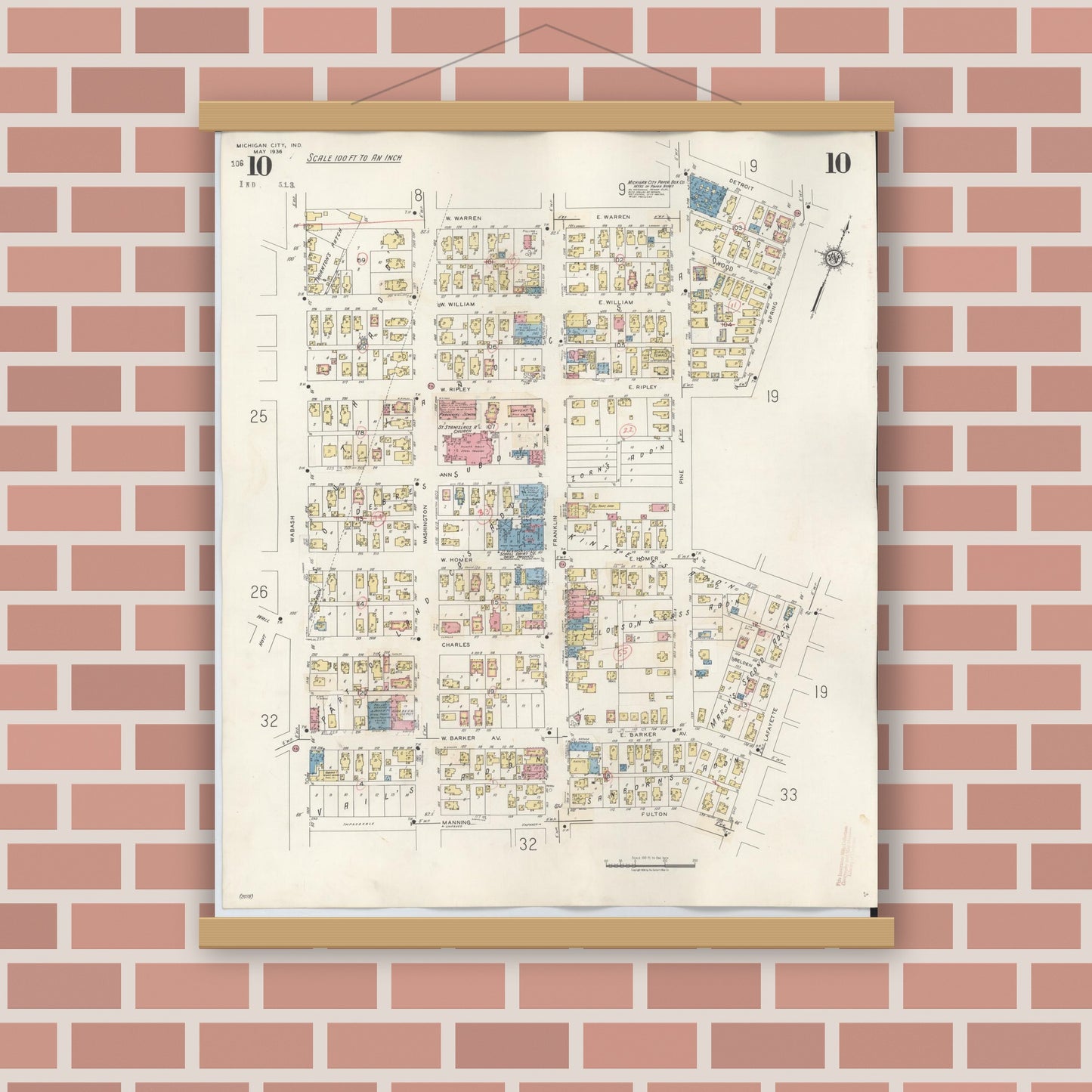 Old map wall art mockup — magnetic wood frame on brick wall — Sanborn Fire Insurance Map from Michigan City, La Porte County, Indiana (1948), Sheet #0010