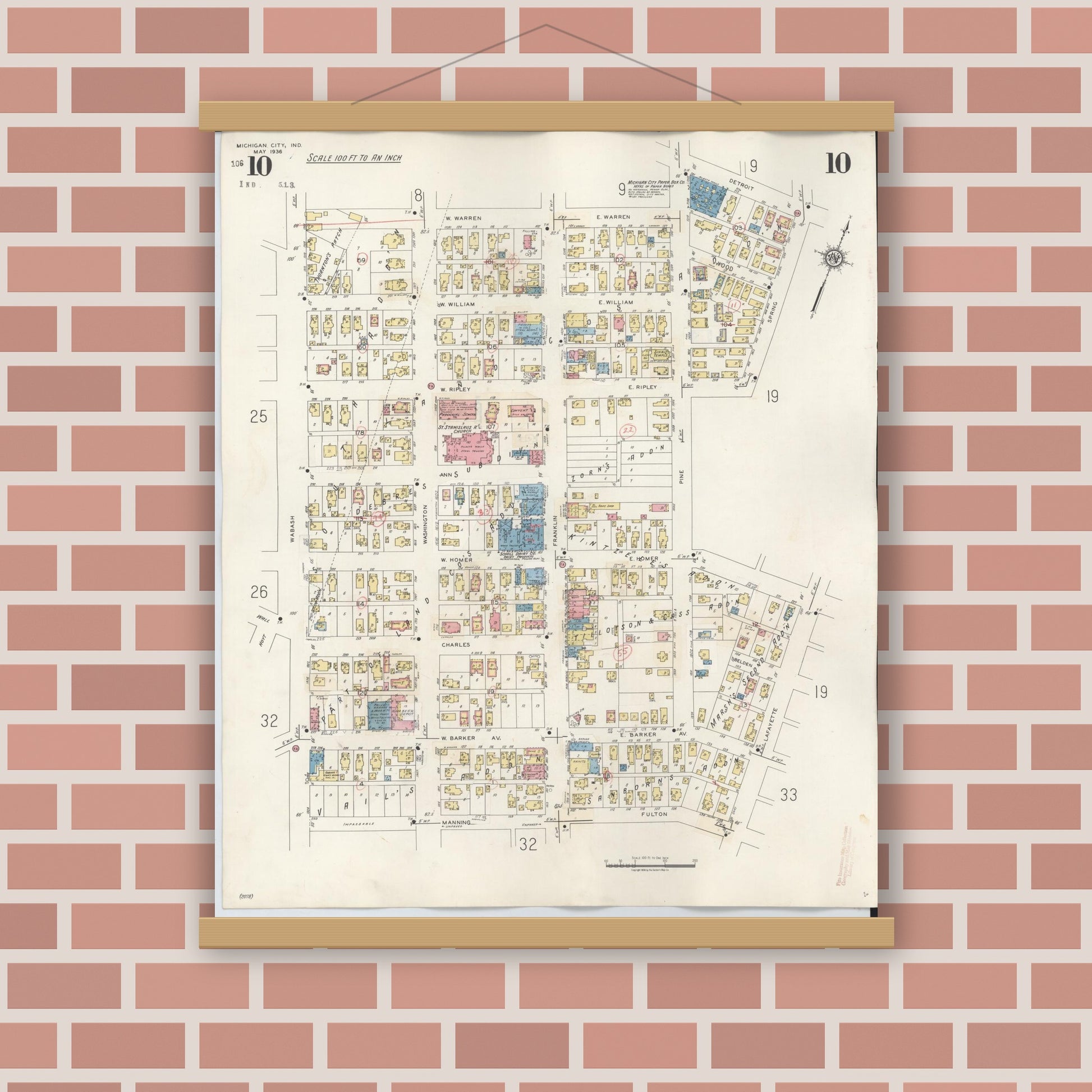 Old map wall art mockup — magnetic wood frame on brick wall — Sanborn Fire Insurance Map from Michigan City, La Porte County, Indiana (1948), Sheet #0010