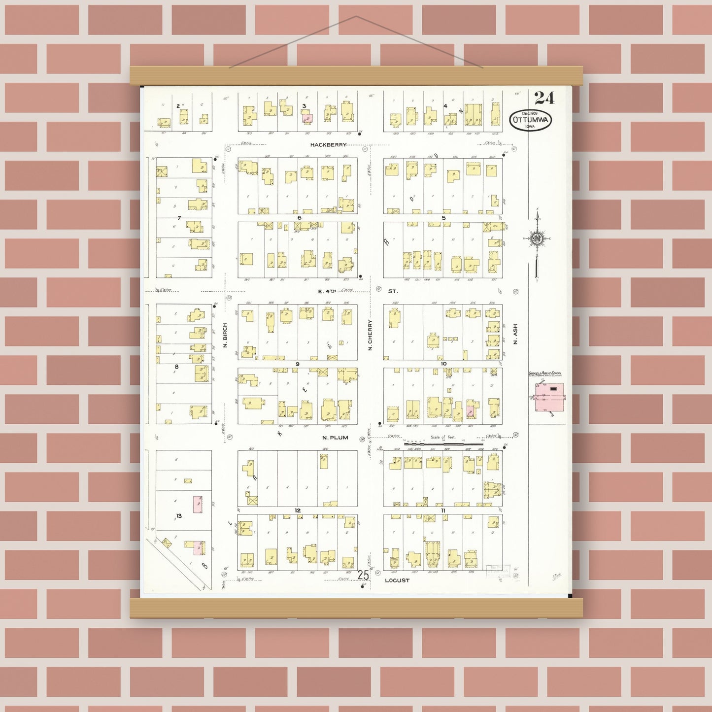 Old map wall art mockup — magnetic wood frame on brick wall — Sanborn Fire Insurance Map from Ottumwa, Wapello County, Iowa (1909), Sheet #0024