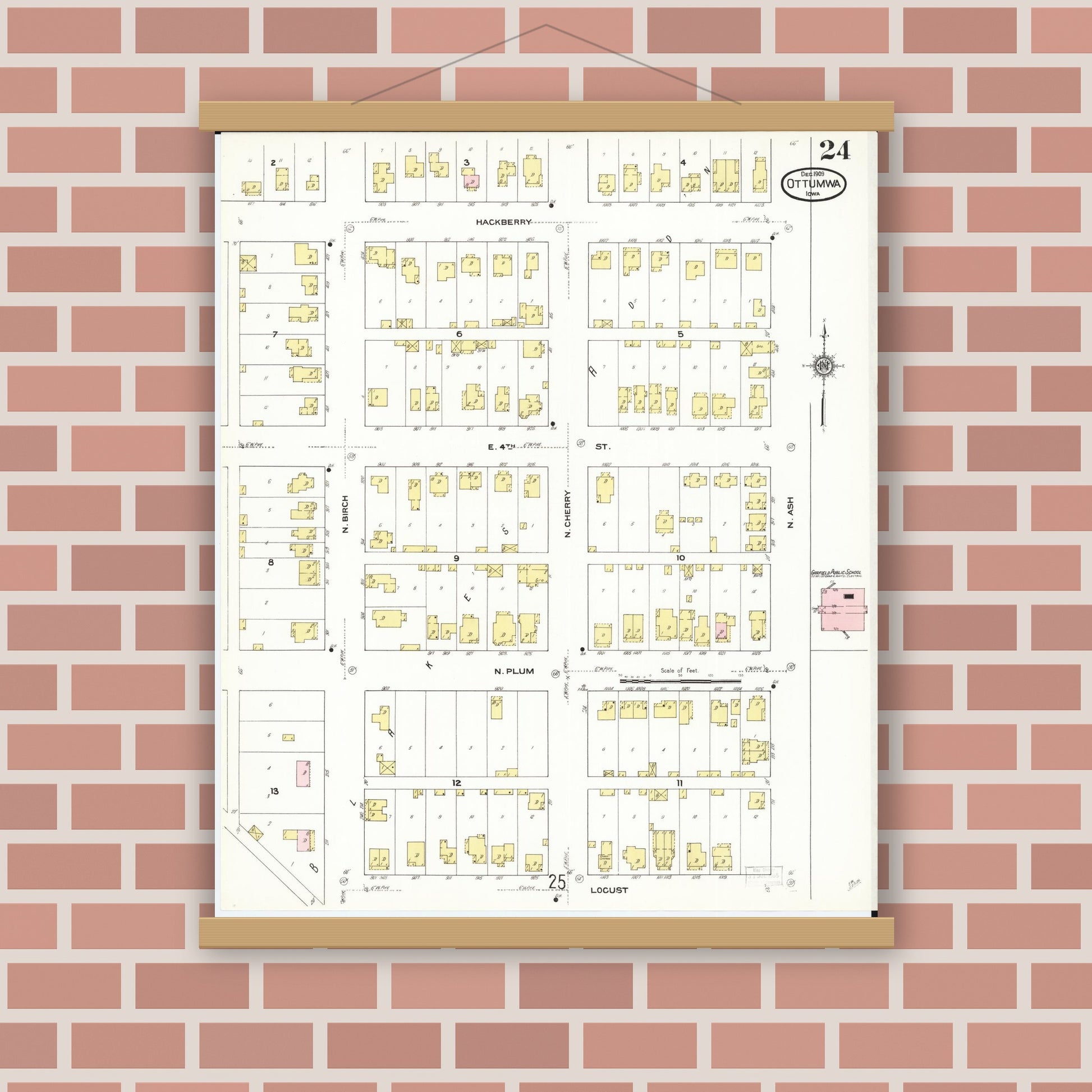 Old map wall art mockup — magnetic wood frame on brick wall — Sanborn Fire Insurance Map from Ottumwa, Wapello County, Iowa (1909), Sheet #0024