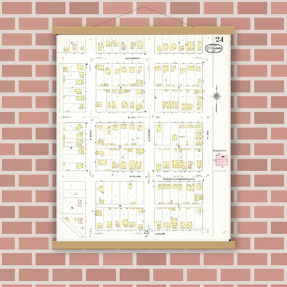 Old map wall art mockup — magnetic wood frame on brick wall — Sanborn Fire Insurance Map from Ottumwa, Wapello County, Iowa (1909), Sheet #0024