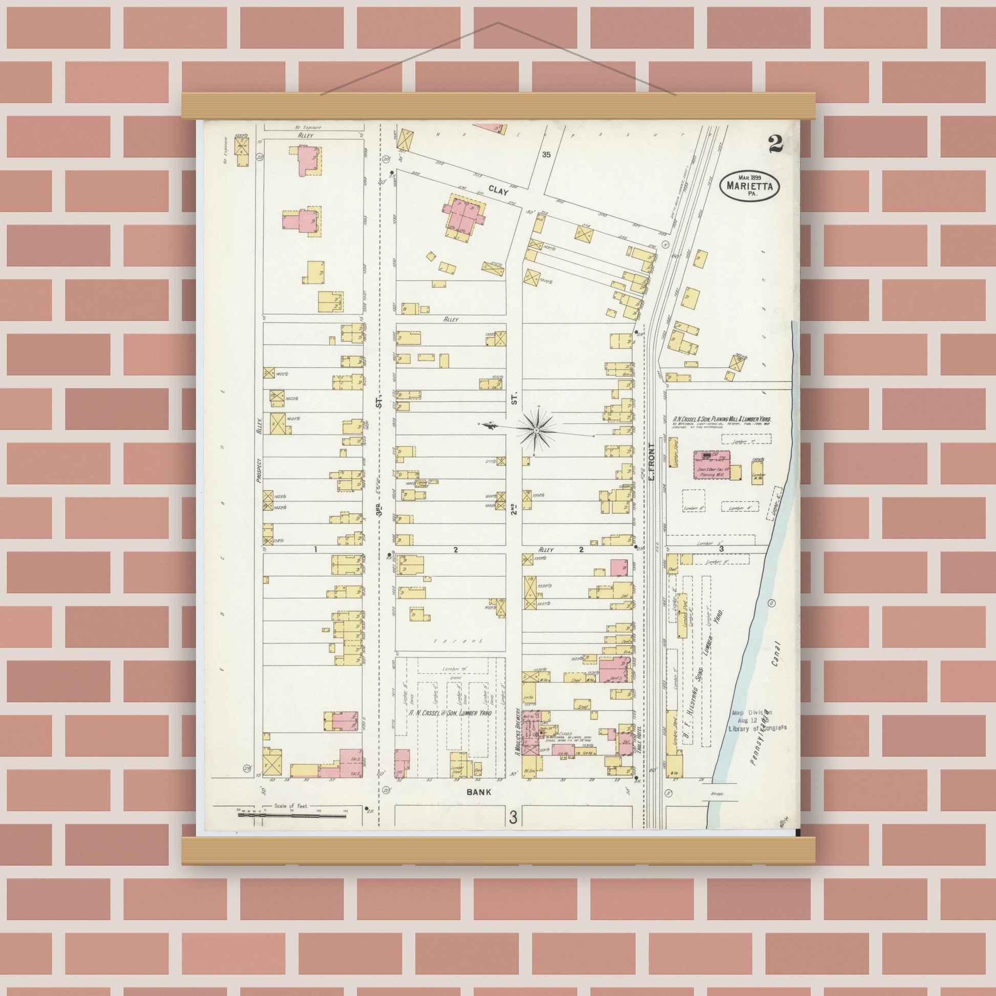 Old map wall art mockup — magnetic wood frame on brick wall — Sanborn Fire Insurance Map from Marietta, Lancaster County, Pennsylvania (1899), Sheet #0002