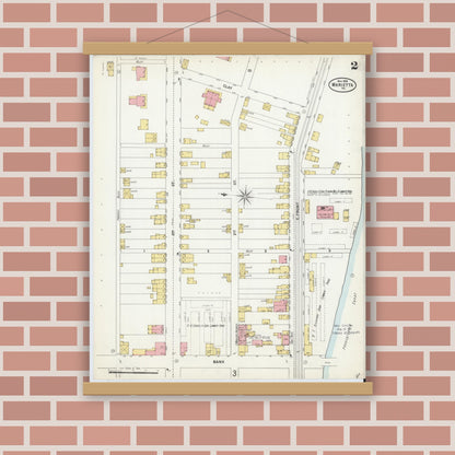 Old map wall art mockup — magnetic wood frame on brick wall — Sanborn Fire Insurance Map from Marietta, Lancaster County, Pennsylvania (1899), Sheet #0002