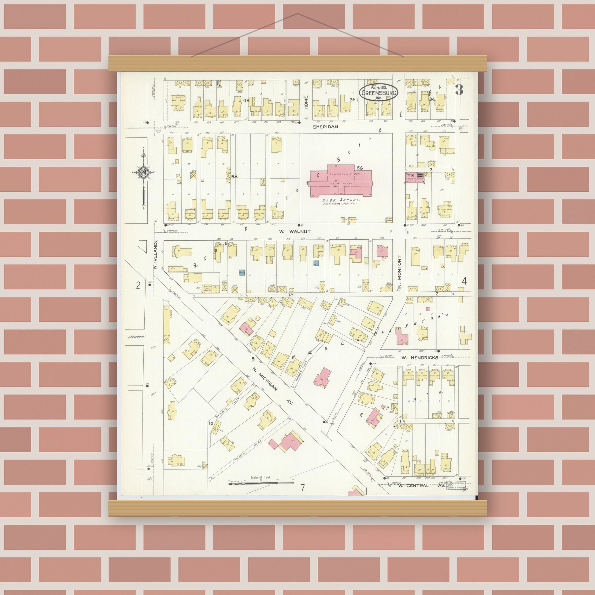 Old map wall art mockup — magnetic wood frame on brick wall — Sanborn Fire Insurance Map from Greensburg, Decatur County, Indiana (1913), Sheet #0003